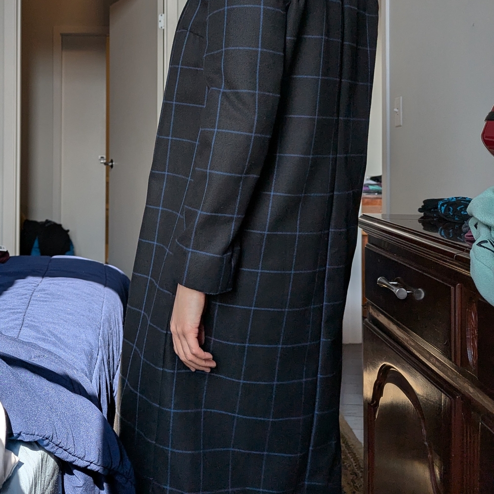 Black and Blue Checkered Long Blazer-style Coat